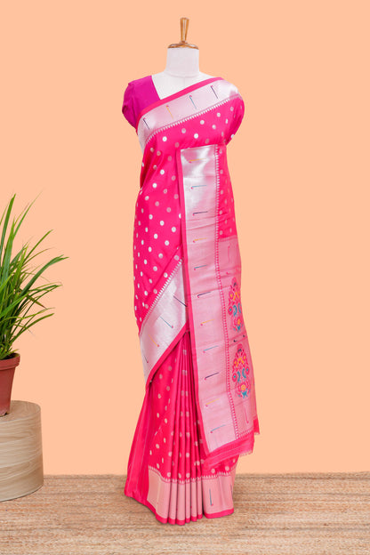 Rani Pink Semi Banarasi Paithani Saree Silver Zari Paisa Motifs Across The Body & Paithani Pallu Along With Blouse