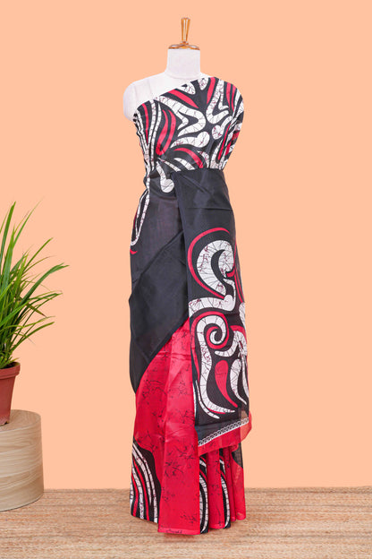 Red Lichi Cotton Saree Border Less All Over Body And Pallu Abstract Print Design