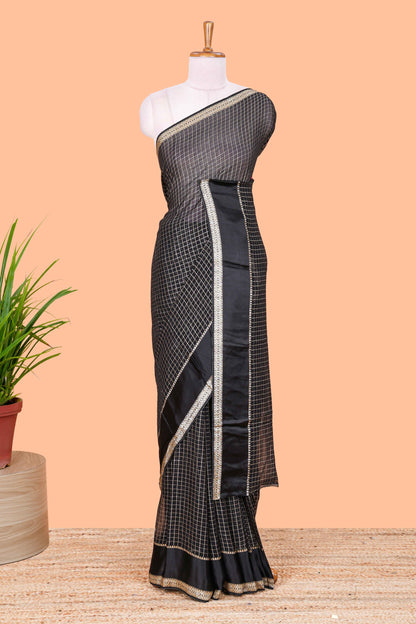 Black Georgette Saree All Over Zari Check With Satin Border