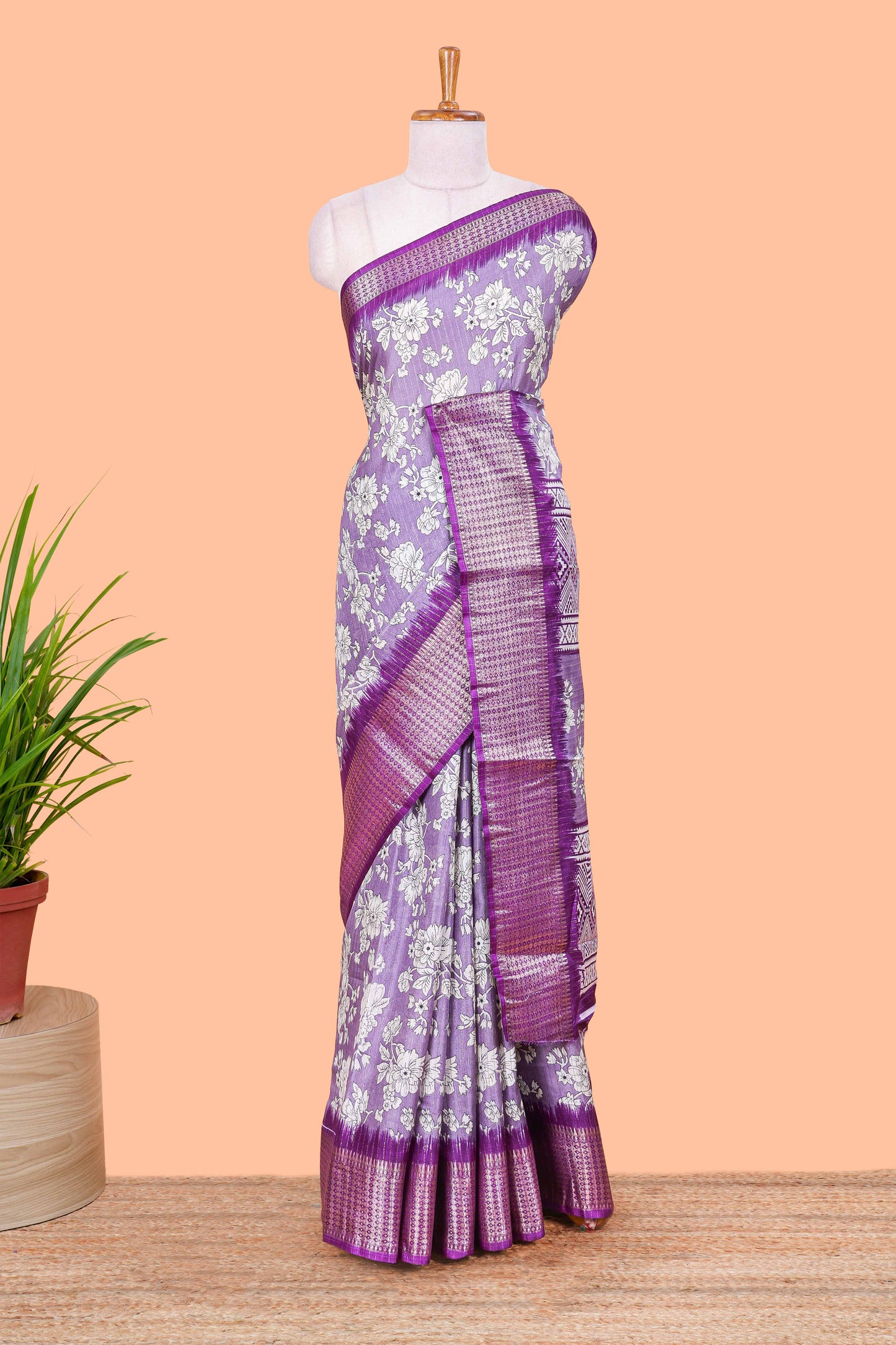 Lavender  Dola Silk Saree  Floral Printed With Jacquard Border