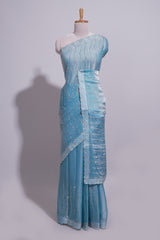 Blue wave embroidery work designer saree with self border and matching blouse