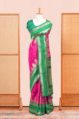Pink Semi Art Silk Saree Delicate Golden Zari Motifs Along With Thalampoo Zari Woven Across The Body. The Border Is Broad With Intricate Floral Zari Weaving Rich Golden Zari Pallu