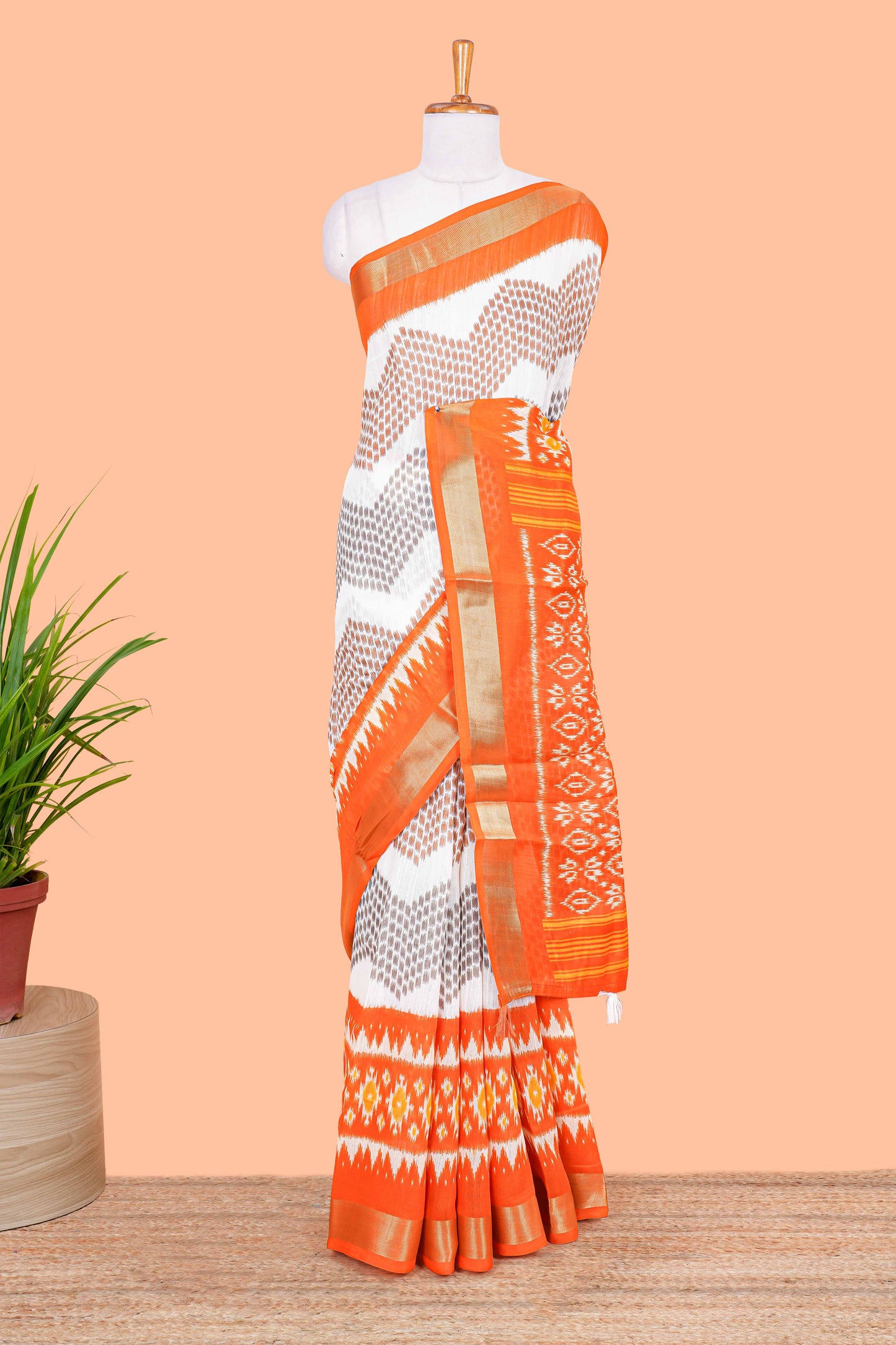 Linen Cotton Body All Over Ikkat Print With Zari Border