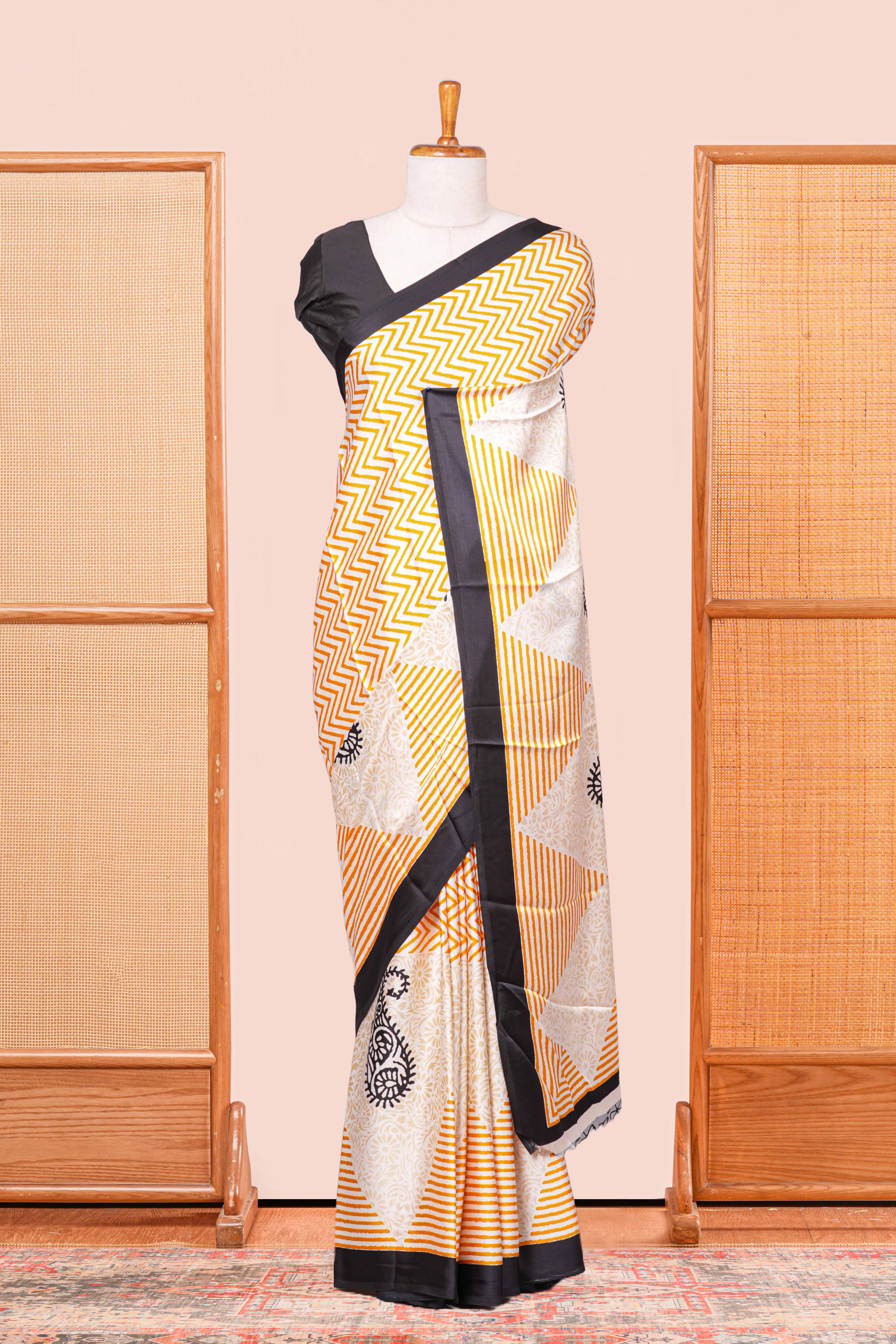 Yellow Modal Silk Saree Lightweight ,Flowy. Chevron Design Contrast Border