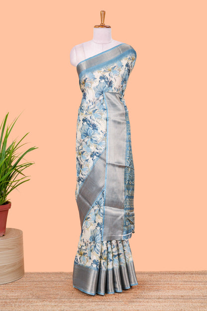 Sky Blue Semi Banaras Dola Silk Floral Printed With Jacquard Border