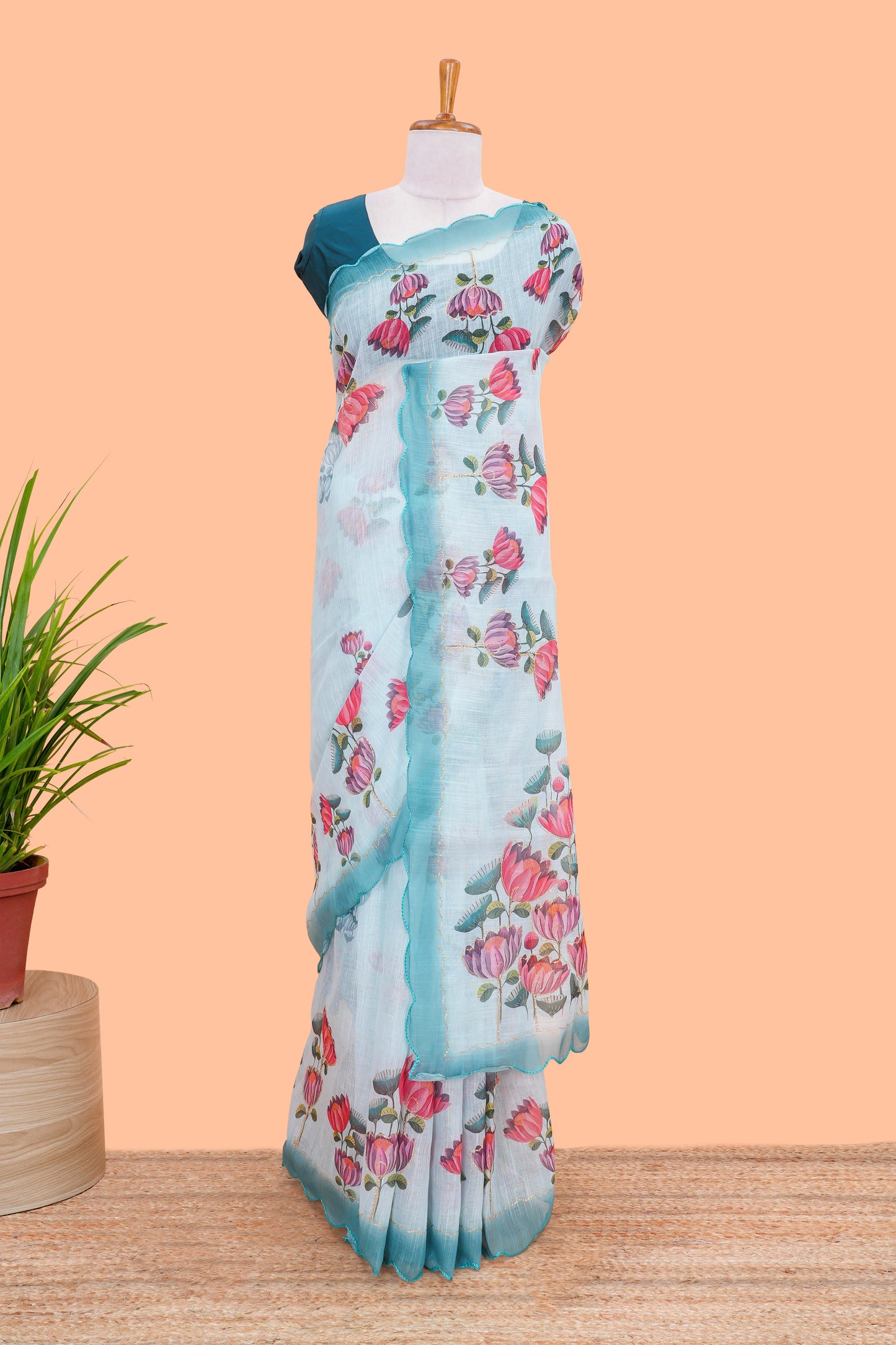 Linen Saree Body Printed With Outing Zari With Piping Cut Work