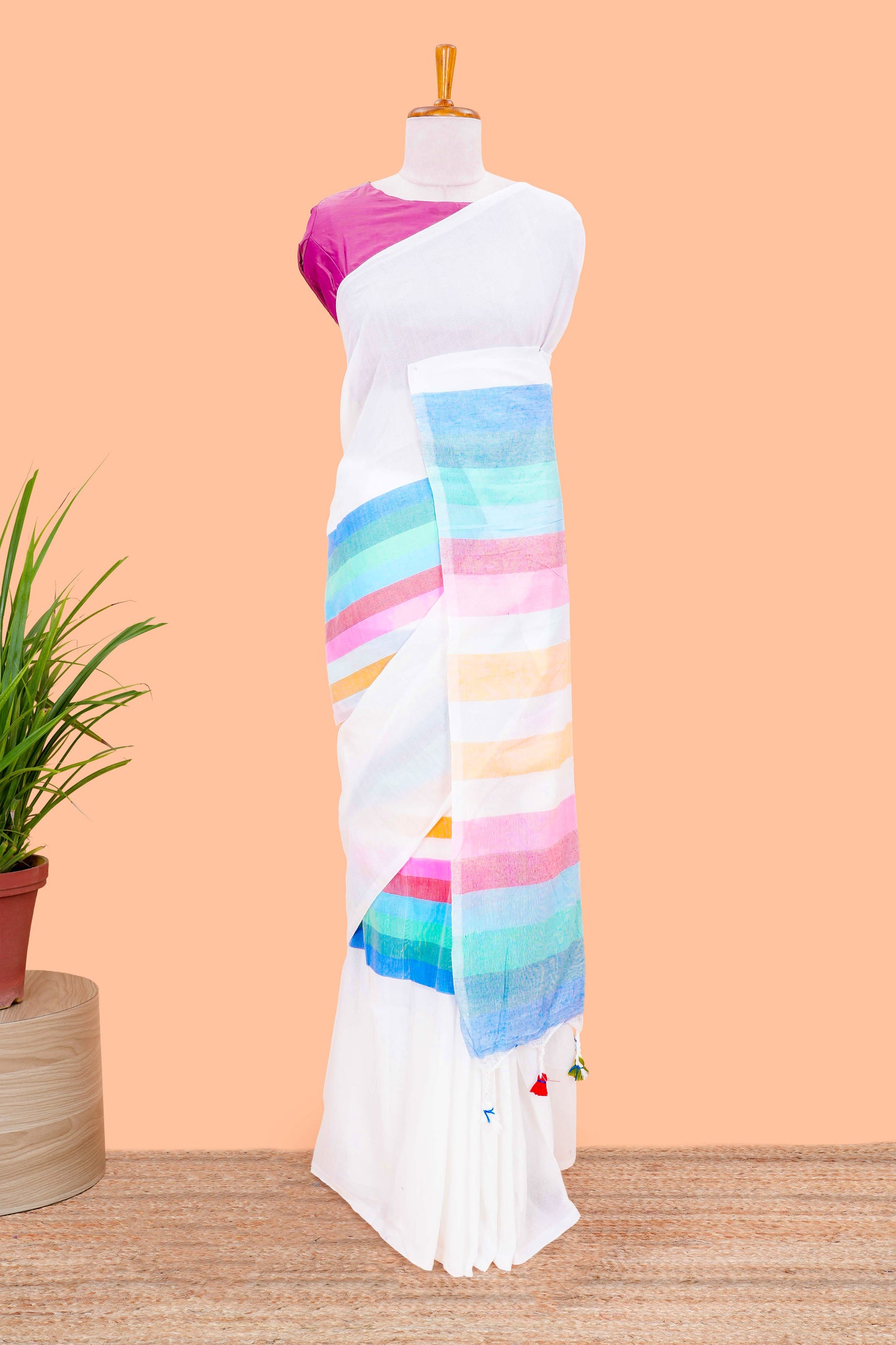 Khadi Cotton Saree Multi Colour Saree Along With Blouse