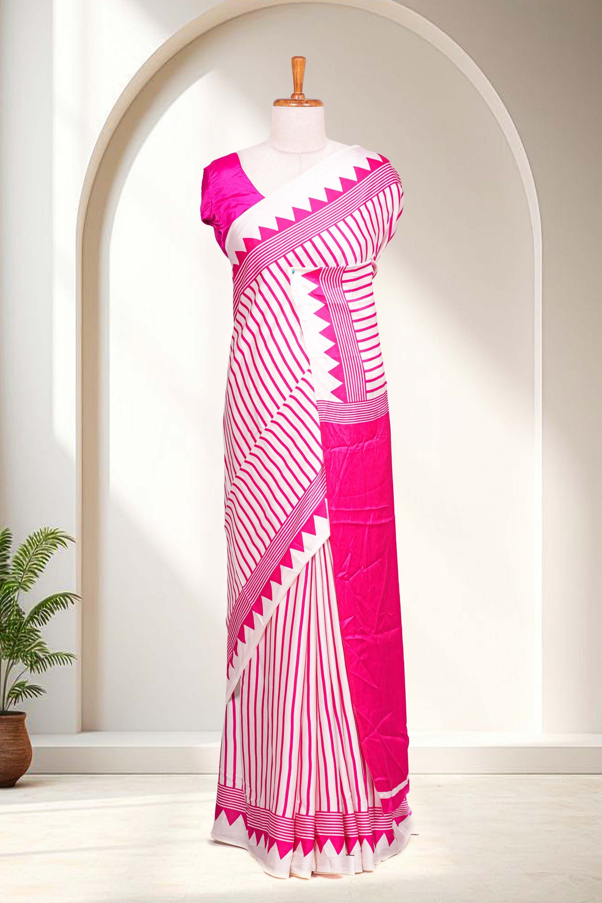 White Modal Silk Saree Lightweight Contrast Vertical Line Printed With Temple Border Circle Butta Design Pallu