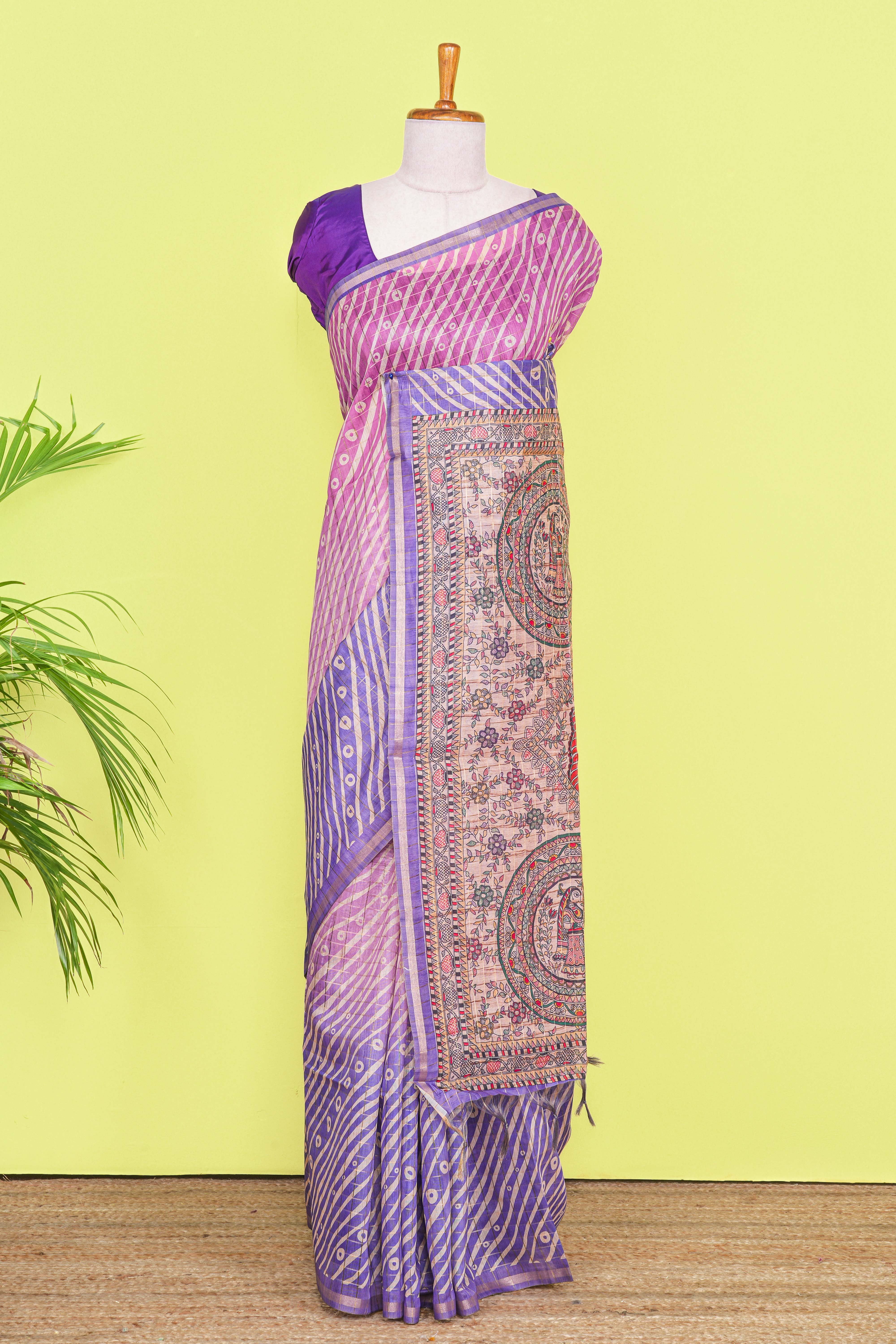 Multi Color Chanderi Cotton Saree Bandhani Design Across The Body With Madhubani Print Pallu Along With Flower Motifs Blouse