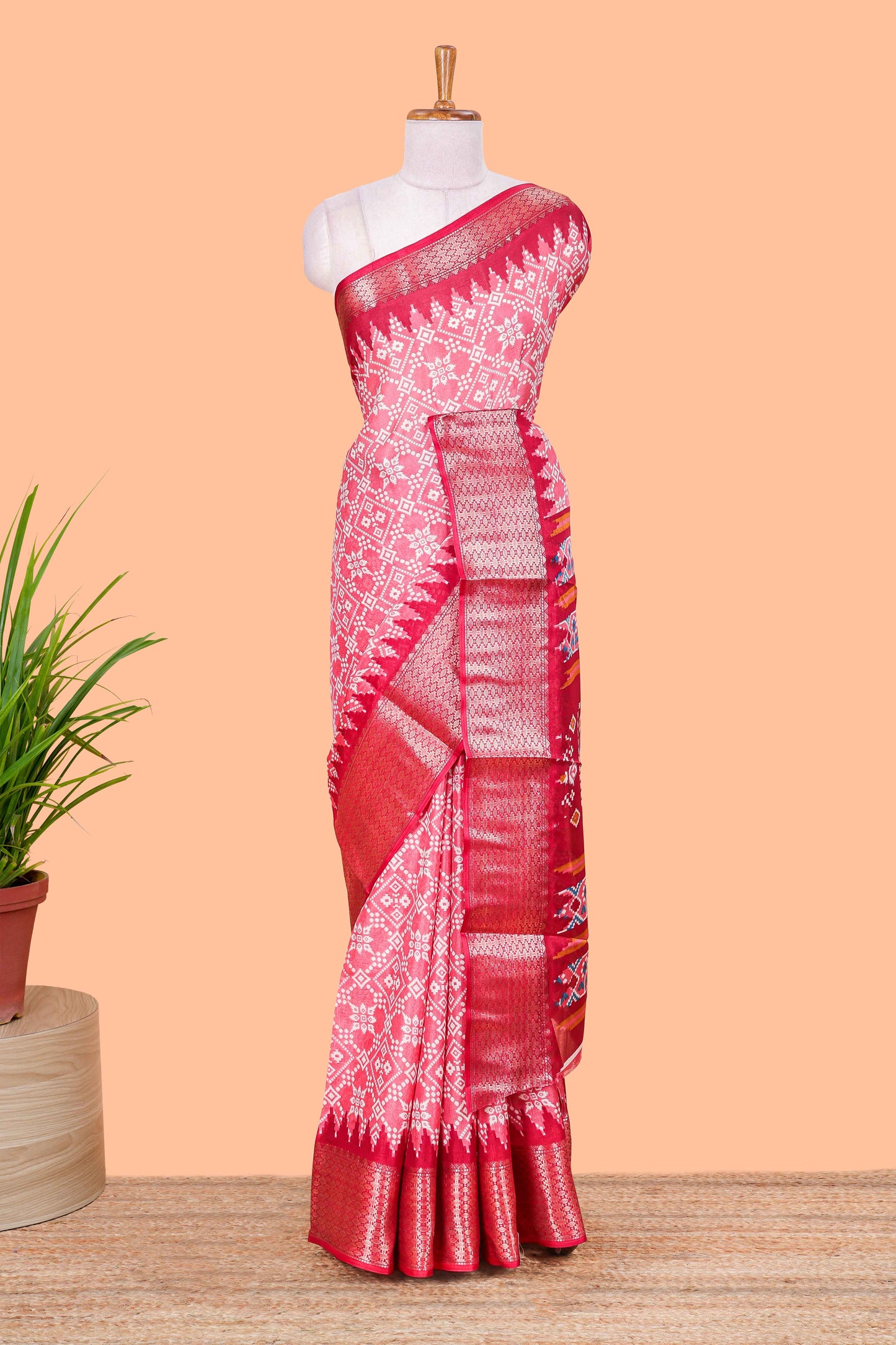 Pink Semi Dola Silk Body Bandhini Style With Jacquard Border