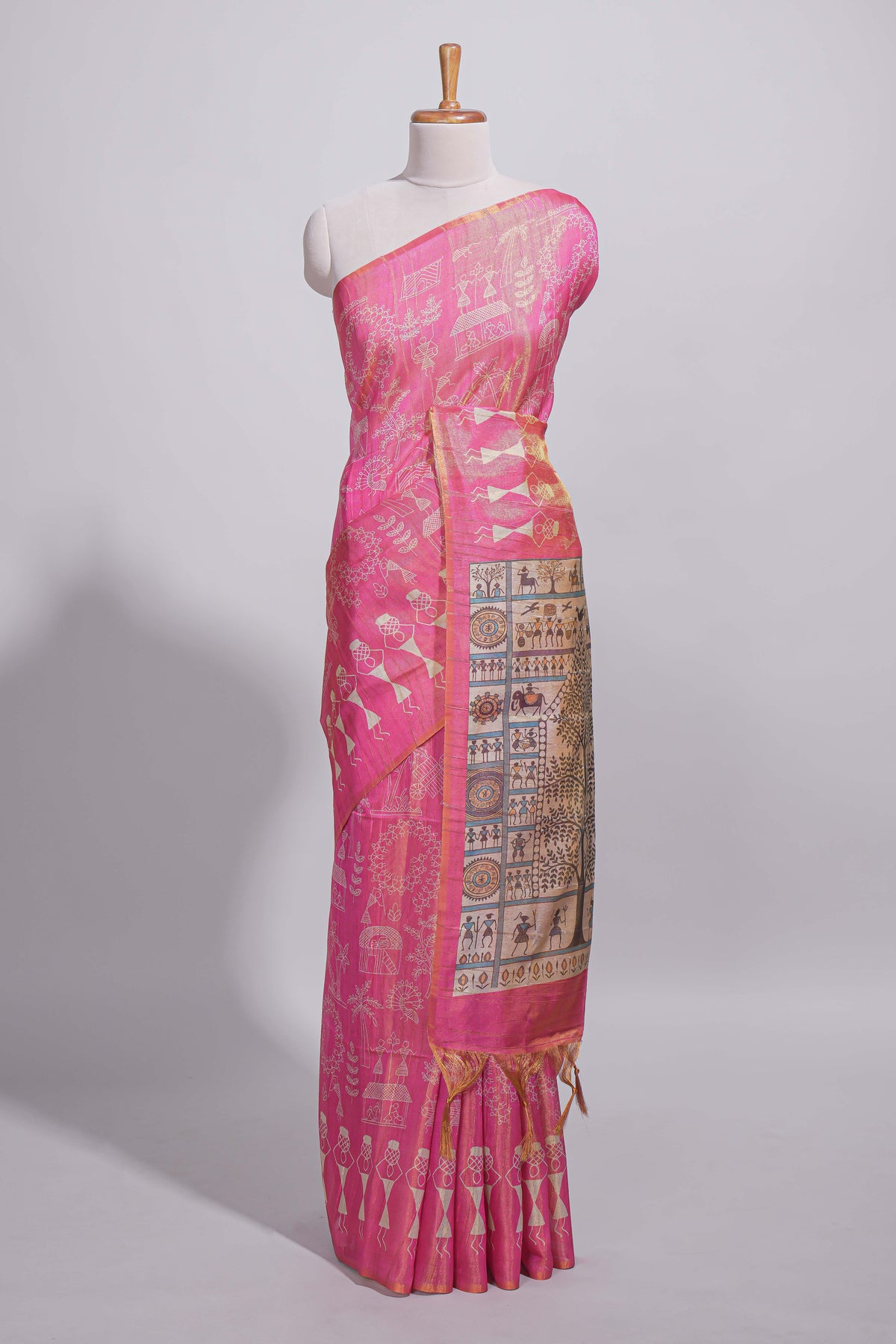 Bright pink warli printed semi tussar sareewith contrast warli printed pallu and matching blouse