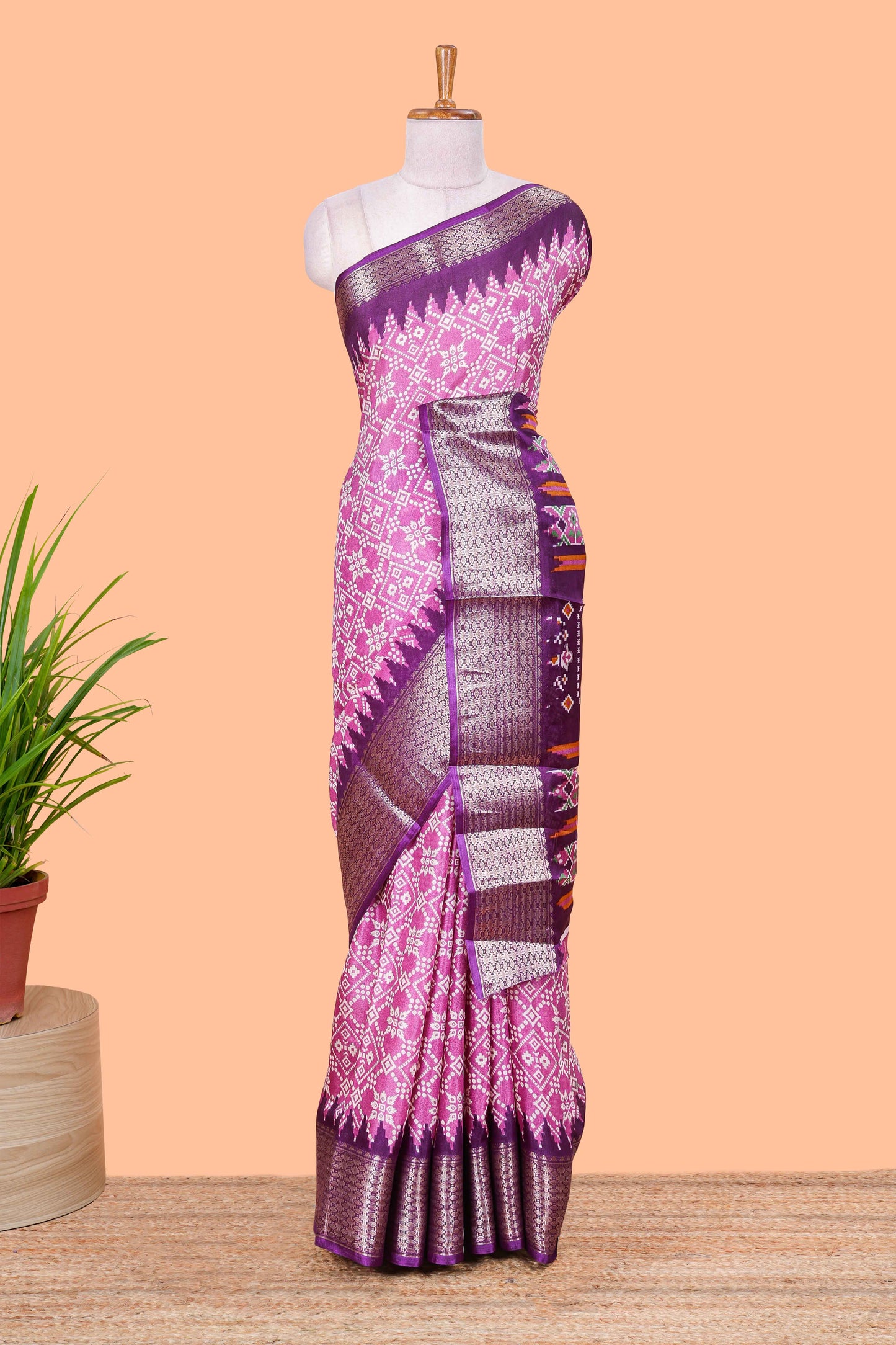 Lavender Semi Dola Silk Body Bandhini Style With Jacquard Border