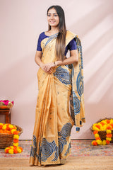 Yellow south cotton Saree All- Over Spiral Digital Print Along With Blouse