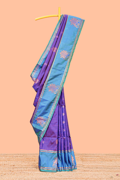 Violet Semi Soft Silk Saree Body All Over Leaf Motifs Zari Butti And Bentex Border With Grand Zari