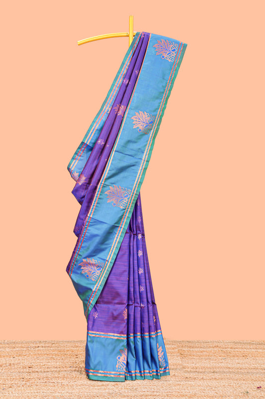 Violet Semi Soft Silk Saree Body All Over Leaf Motifs Zari Butti And Bentex Border With Grand Zari