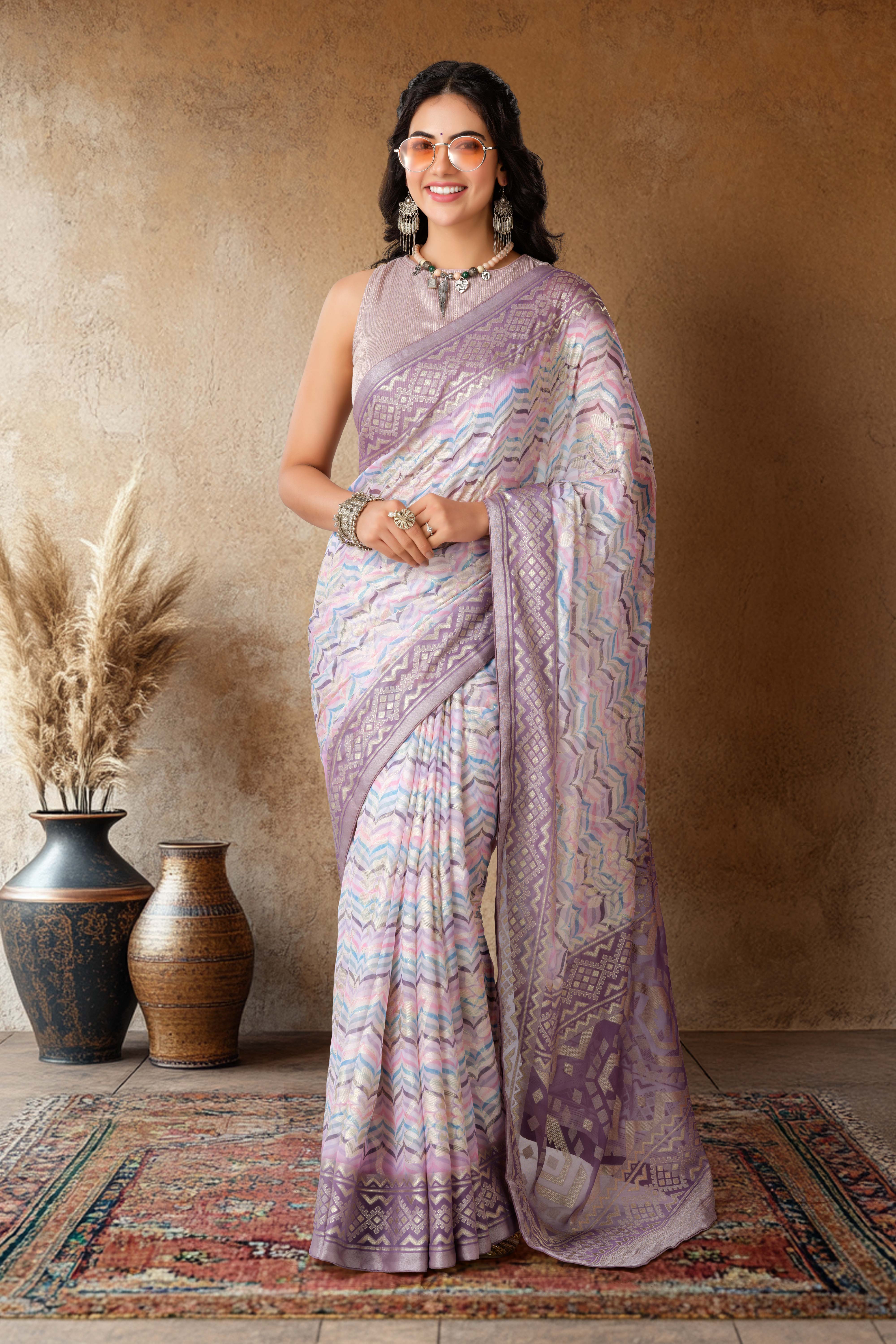 Lavender Brasso Saree Chevron DesignFoil PrintAcross The Body With Contrast Rich Pallu