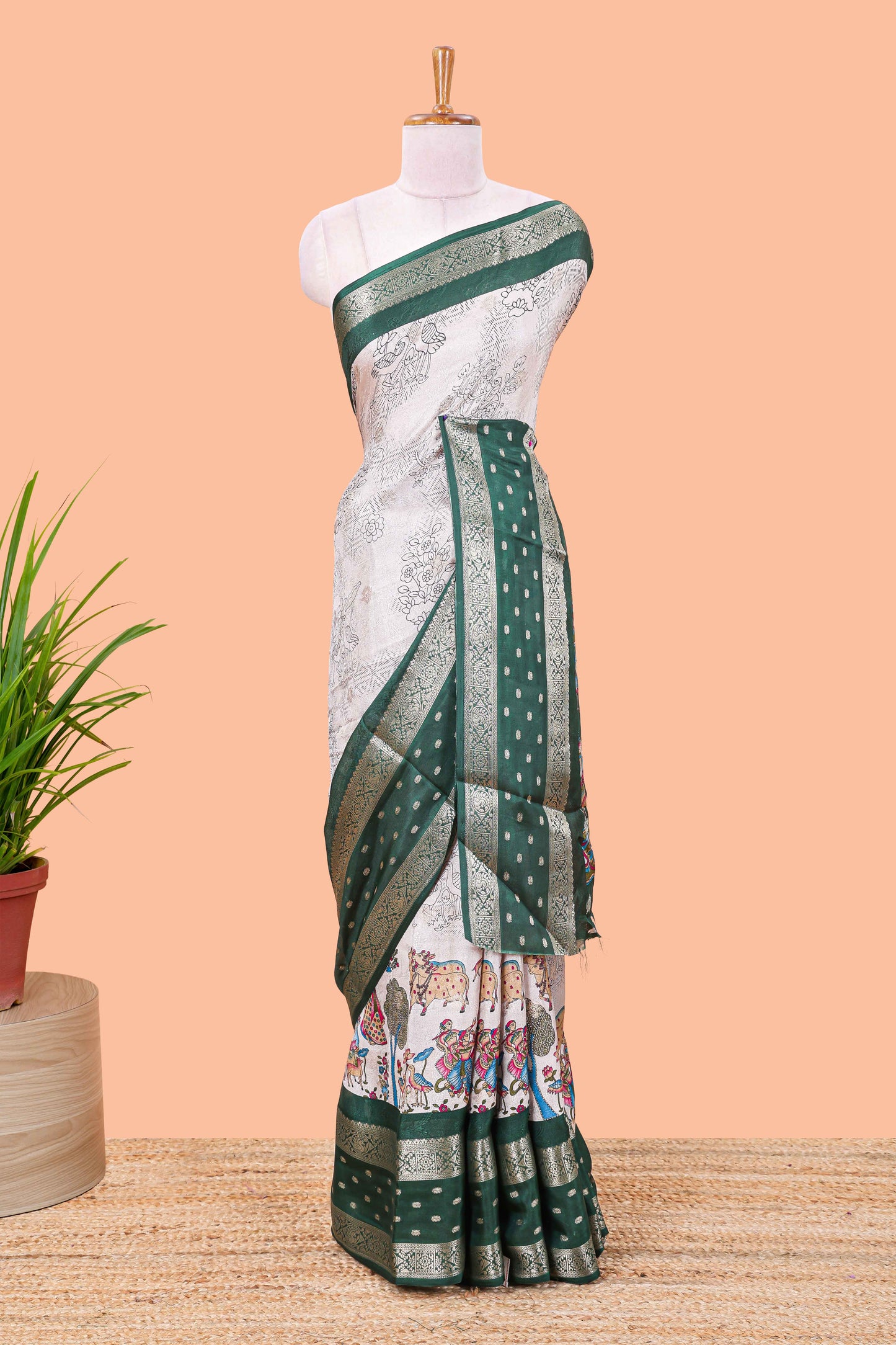 Green Mars Georgette Body Floral Print With Contrast Bentex Border Above Kalamkari Print With Kalamkari Pallu