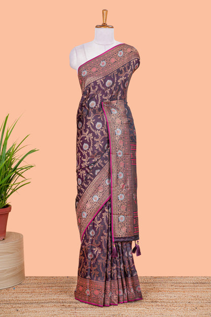 Dark Maroon Satin Silk Saree All Over Body Woven Jaal Design