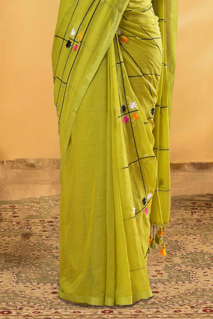 Olive Green Khadi Cotton Saree All-Over Check , Minimal Embroidery