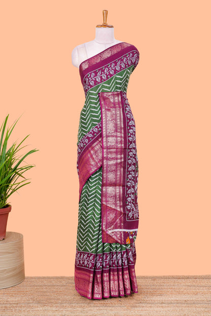 Green Tusser Silk Geometrical Design With Jacquard Border