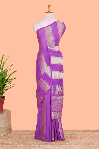 Lavender Georgette Saree Copper Zari Stripes Across The Body With Floral Design Pallu