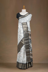 Dola Silk Saree Pen Kalamkari Print Across The Body With Contrast Floral Zari Weaving Border Along With Zari Stripes Blouse