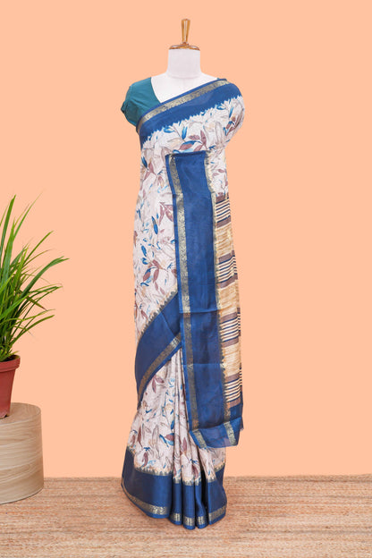 Sandal Semi Dola Silk Saree All- Over Leaf Printed, Zari Butta And Stripes Pallu Along With Contrast Blouse