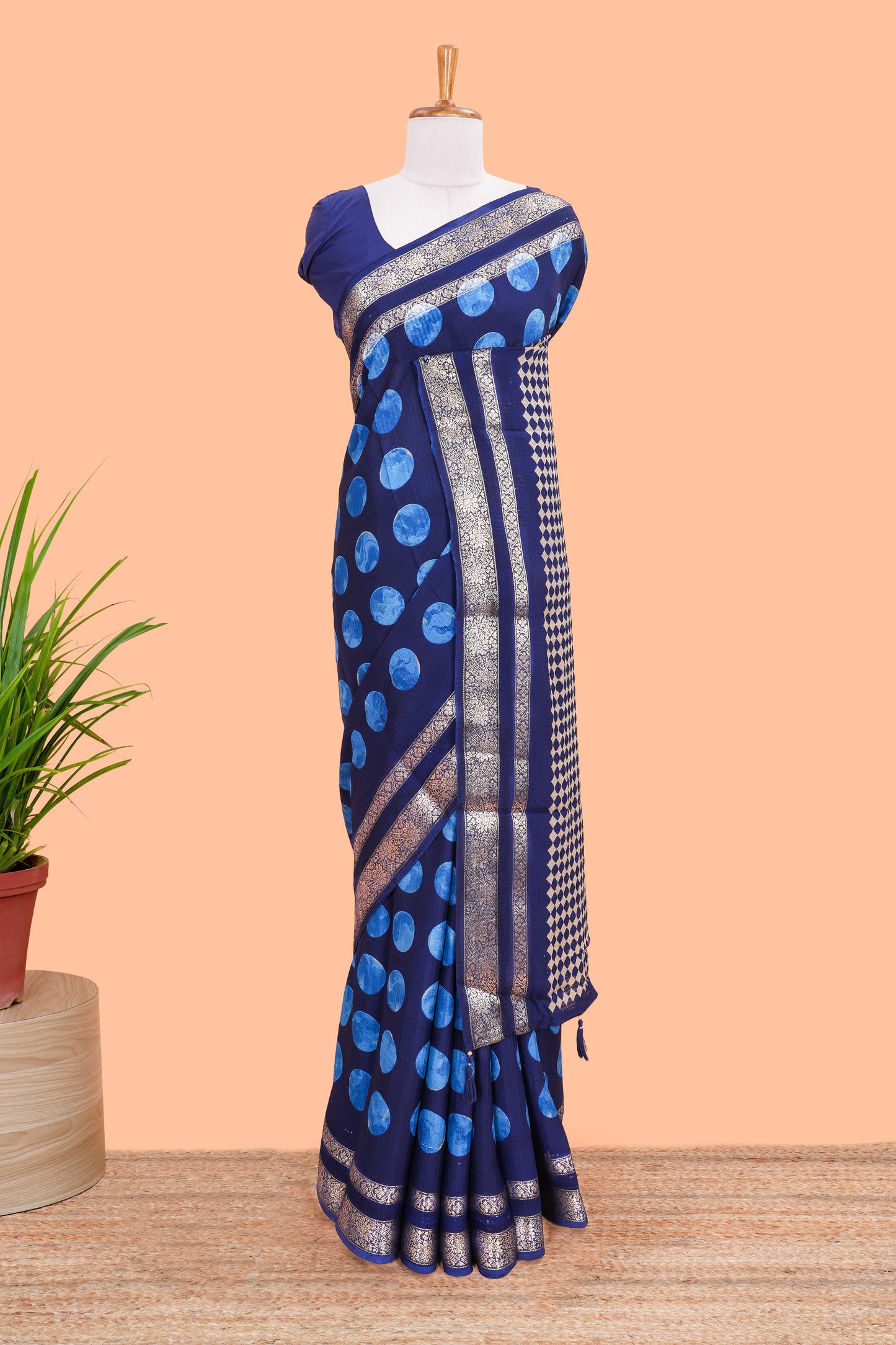 Blue Semi Chiffon Saree All Over Moon Design And Retta Petta Border