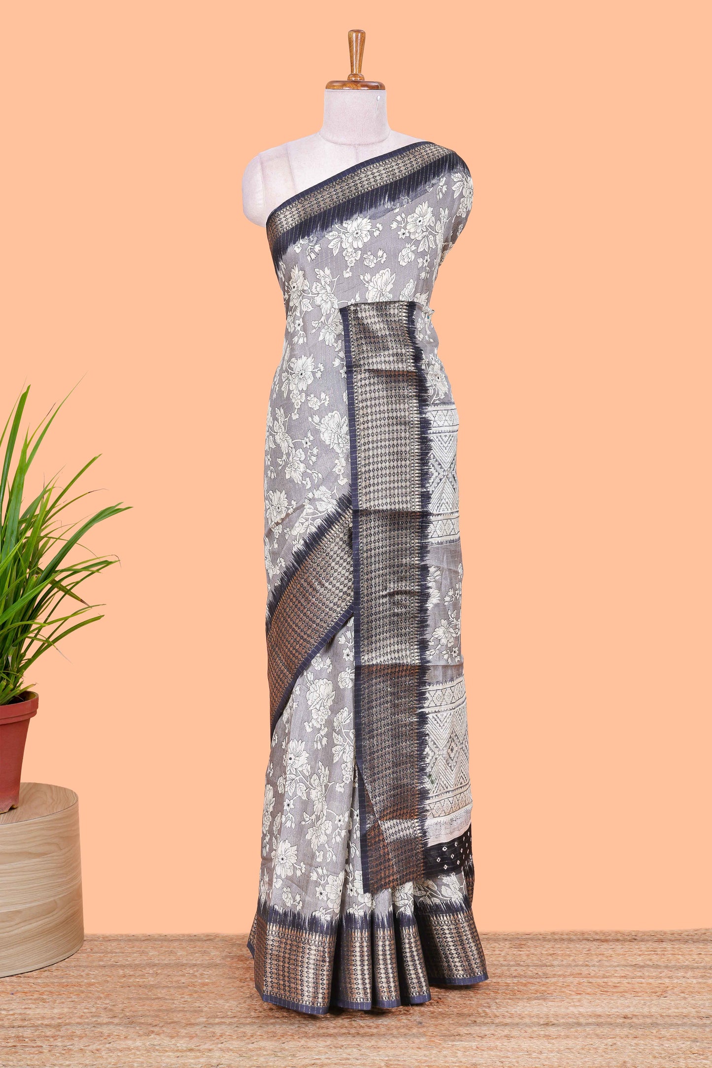 Grey Dola Silk Saree  Floral Printed With Jacquard Border