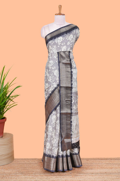 Grey Dola Silk Saree  Floral Printed With Jacquard Border