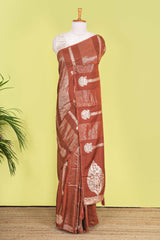 Copper Brown Viscose Georgette Saree Zari Woven Stripes, Floral Design Across The Body With Paisley Motifs Pallu