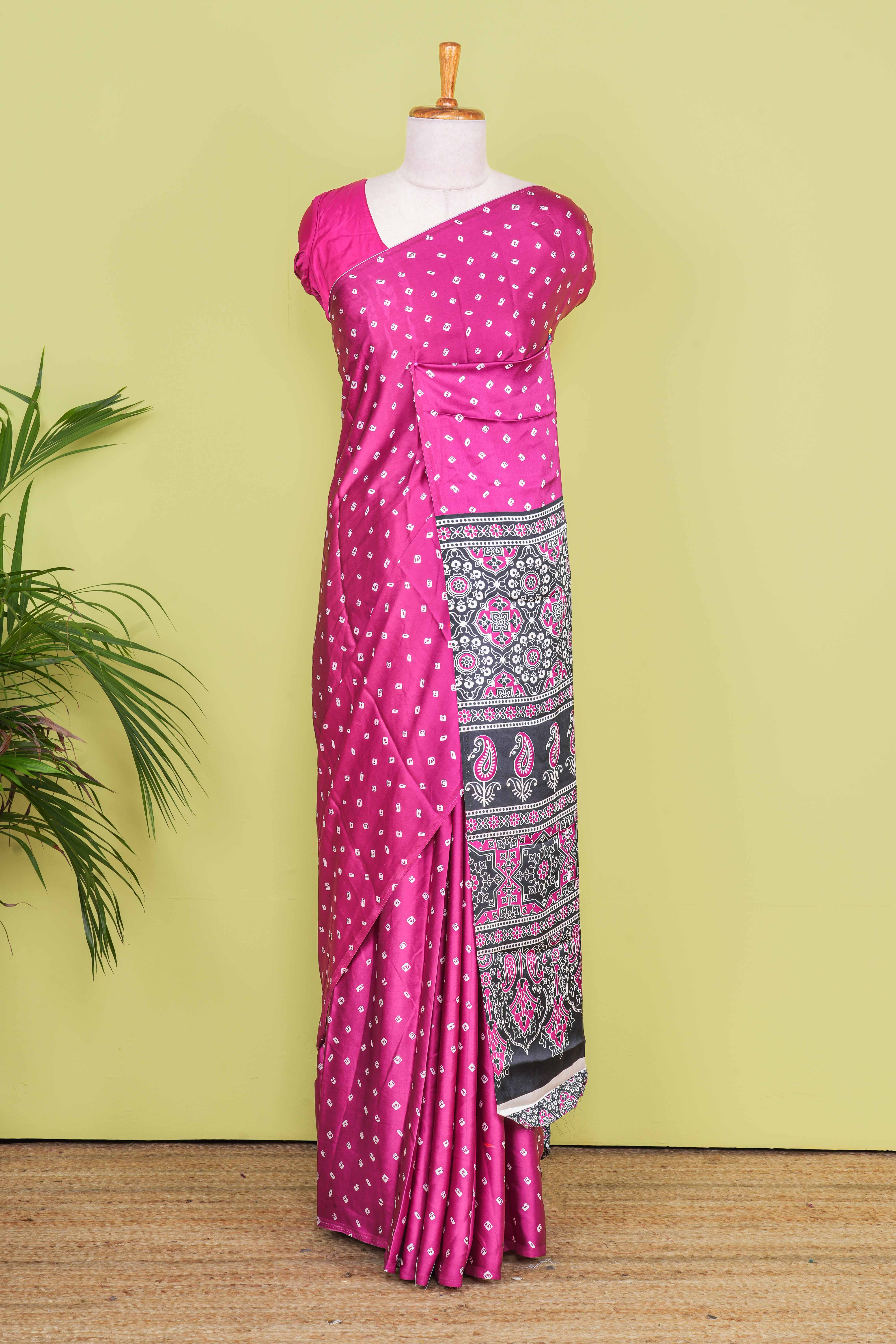 Pink Modal Silk Saree Bandhani Print Across The Body With Ajrakh Design Pallu Along With Blouse