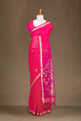 Pink Munga Cotton Zari Butta With Gold Zari Floral Design Pallu