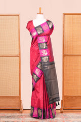 Maroon Semi Art Silk Saree All Over Zari Butta And Border Are Highlight Contrast Color With Zari Woven Elephant, Peacock Motifs With Golden Zari Weaving Pallu