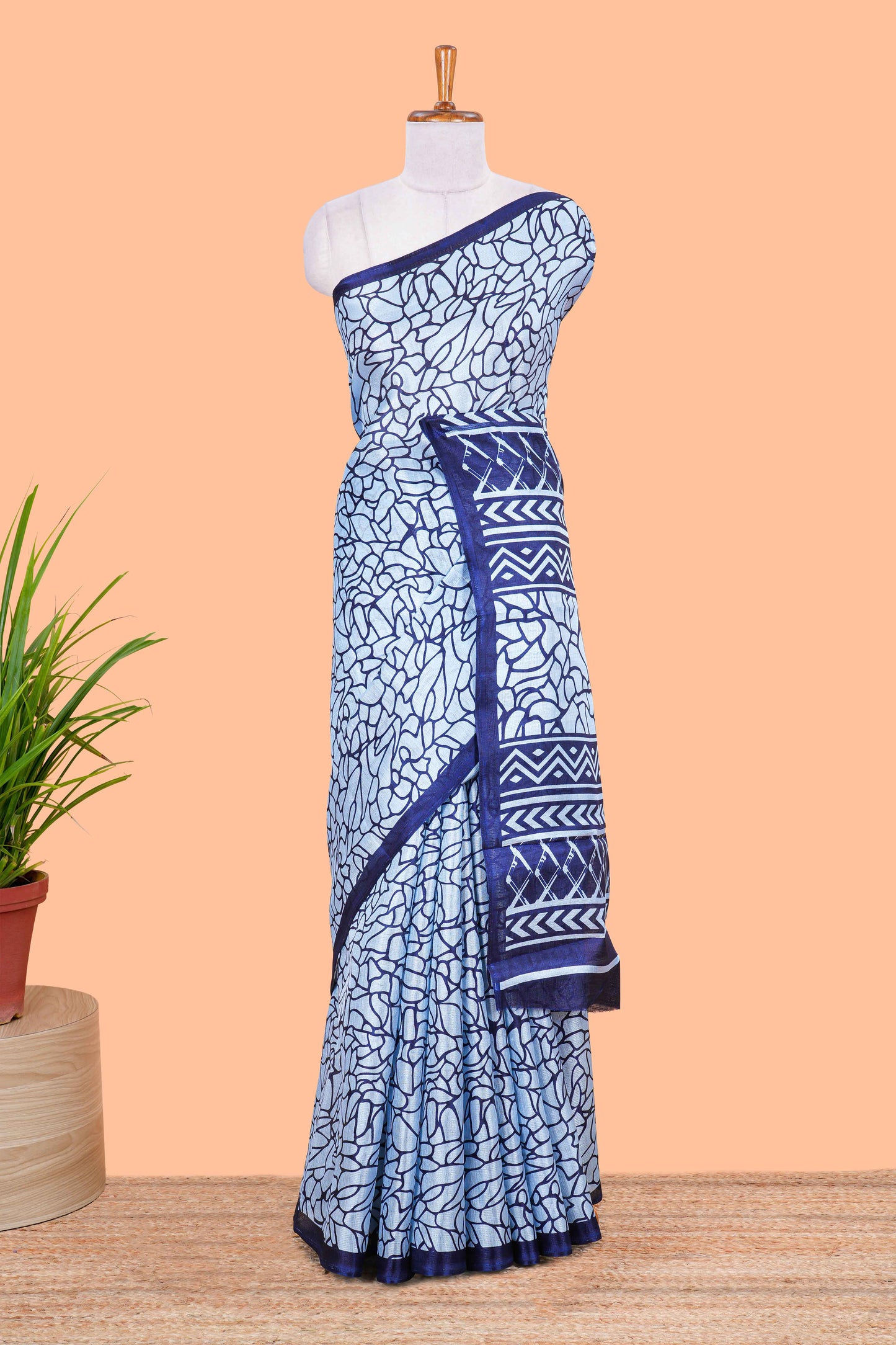 Blue south Cotton Abstract Print Design In Body and Pallu