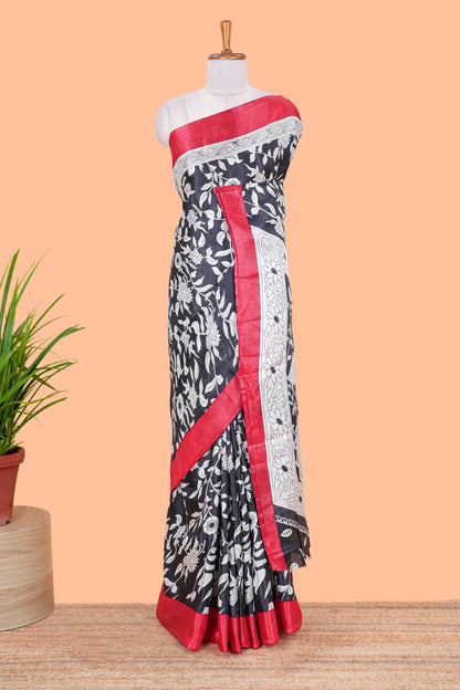 Black floral design kalamkari print south cotton saree with contrast border and matching blouse