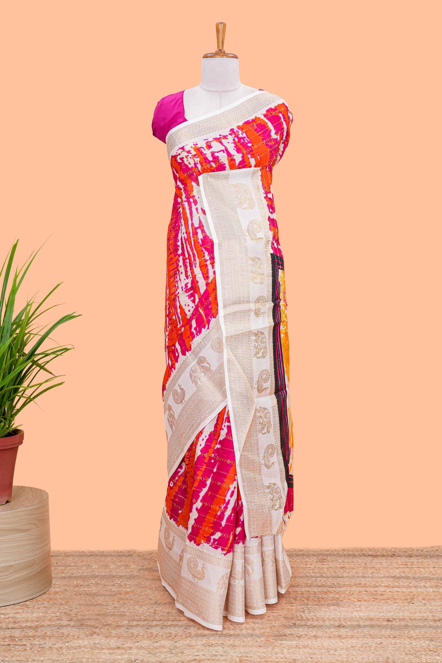 Dolo Silk Saree With tie and dye Abstract Print all Over Body with Kanchipuram Border and Rajastani Village art Pallu and Floral Print Blouse