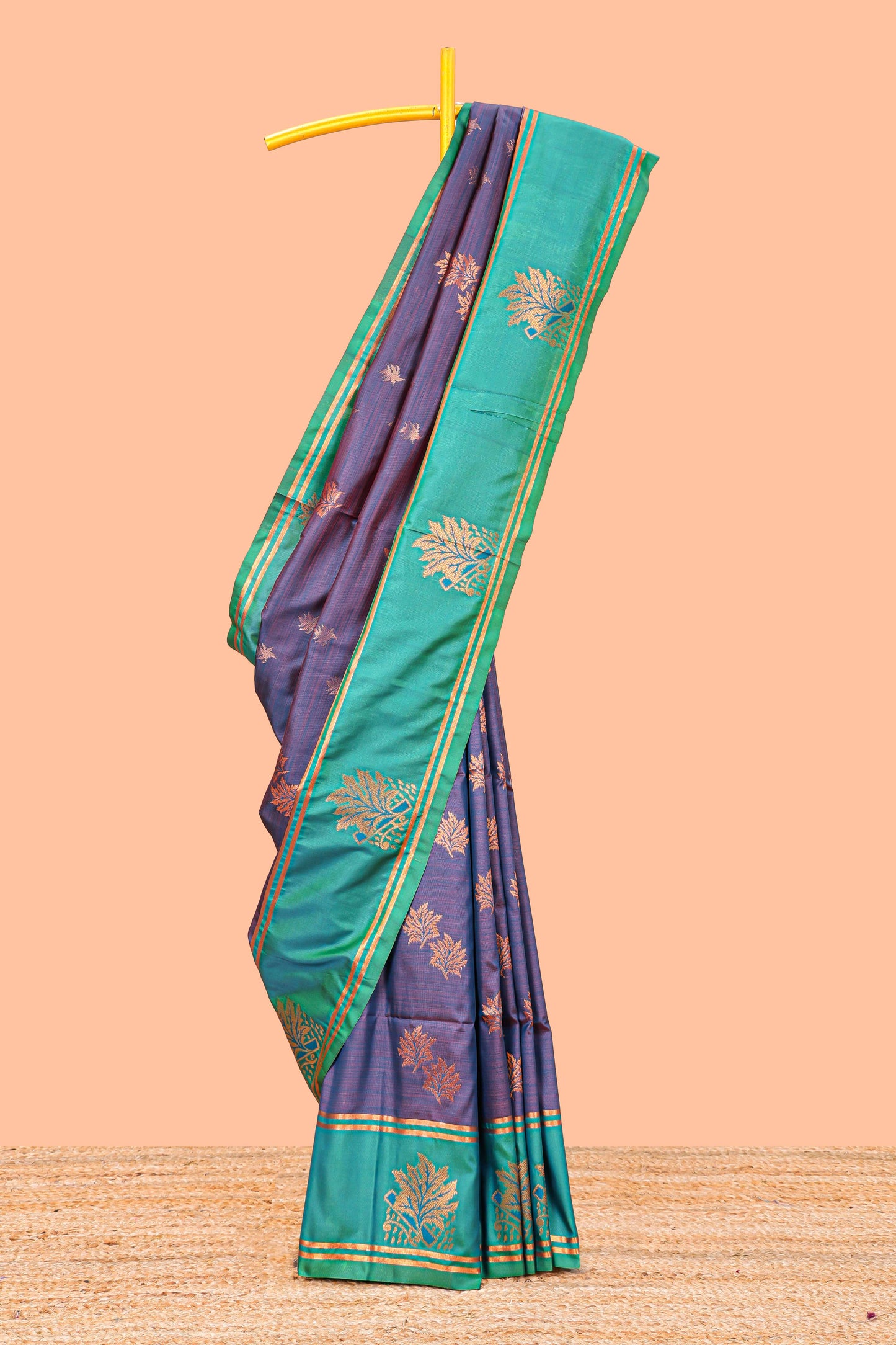 Navy Blue Semi Soft Silk Saree Body All Over Leaf Motifs Zari Butti And Bentex Border With Grand Zari