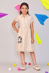 Girls Beige Cotton A-Line Frock - Collared Casual Summer Dress with Belt