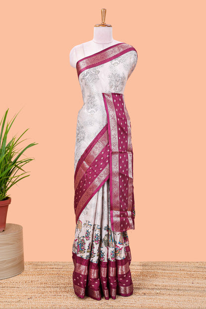 Wine Mars Georgette Body Floral Print With Contrast Bentex Border Above Kalamkari Print With Kalamkari Pallu