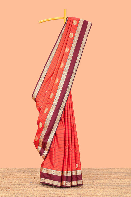 Semi Soft  Silk Saree With Gold Zari Peacock Motifs And Bentex Border With Rich Pallu