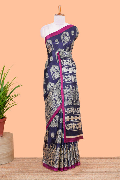 Blue south cotton saree with kalamkari print on body and pallu