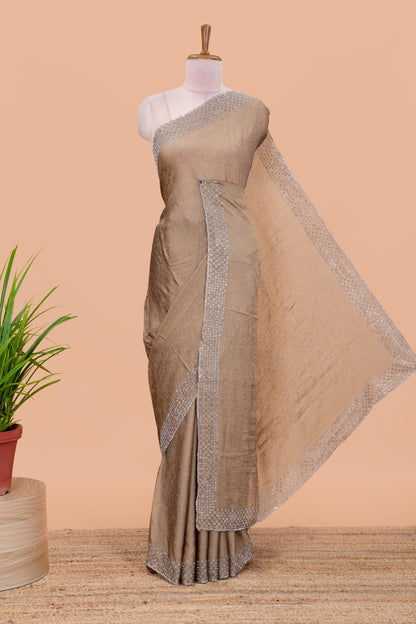 Gold chiffon georgette crush saree with all-over stone work, stone & beads border, and short stone work pallu with contrast embroidery blouse