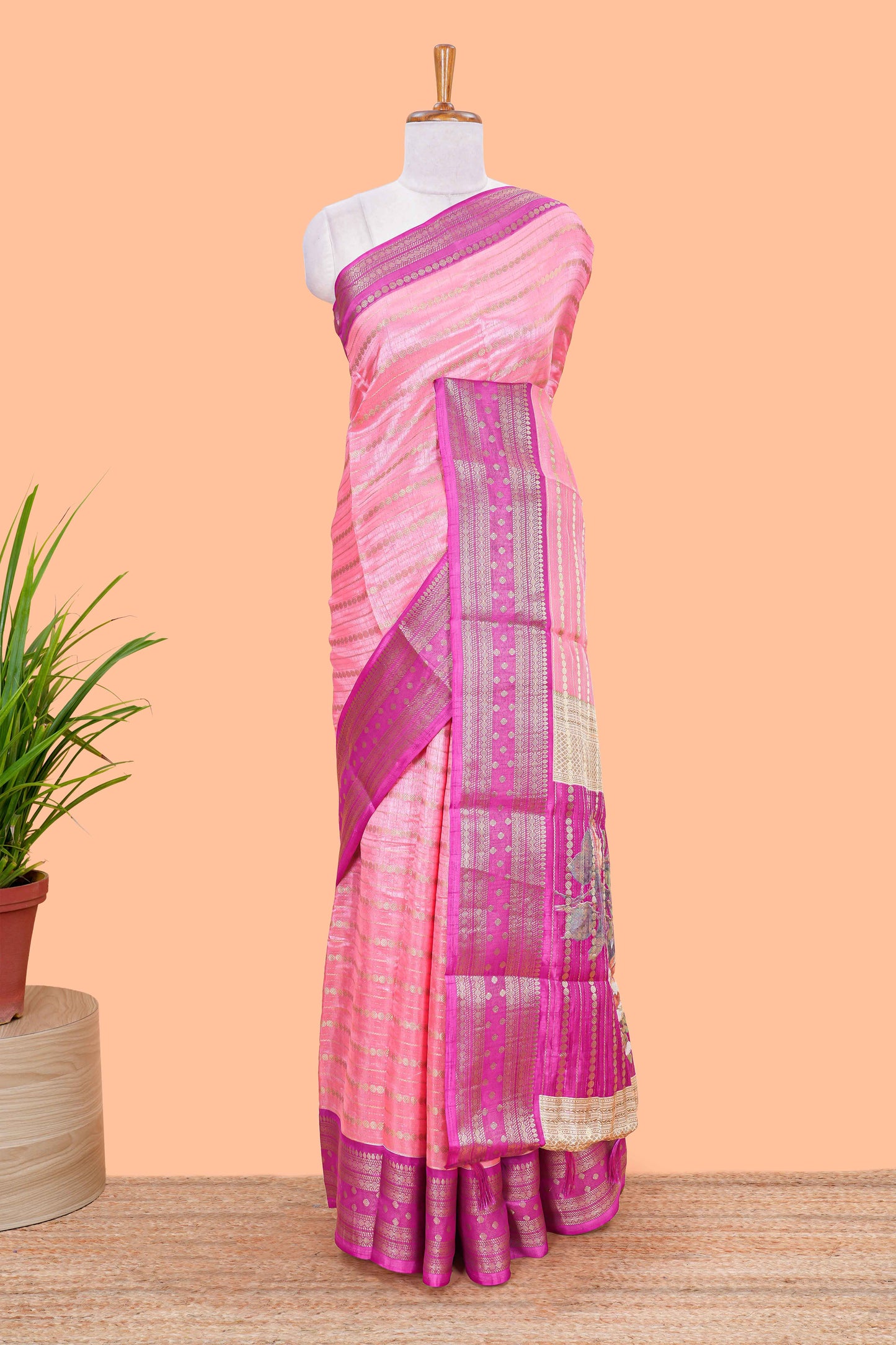 Pink striped semi raw silk saree rudraksha zari butta and contrast printed pallu and border