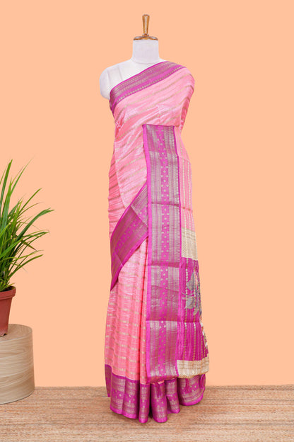 Pink striped semi raw silk saree rudraksha zari butta and contrast printed pallu and border