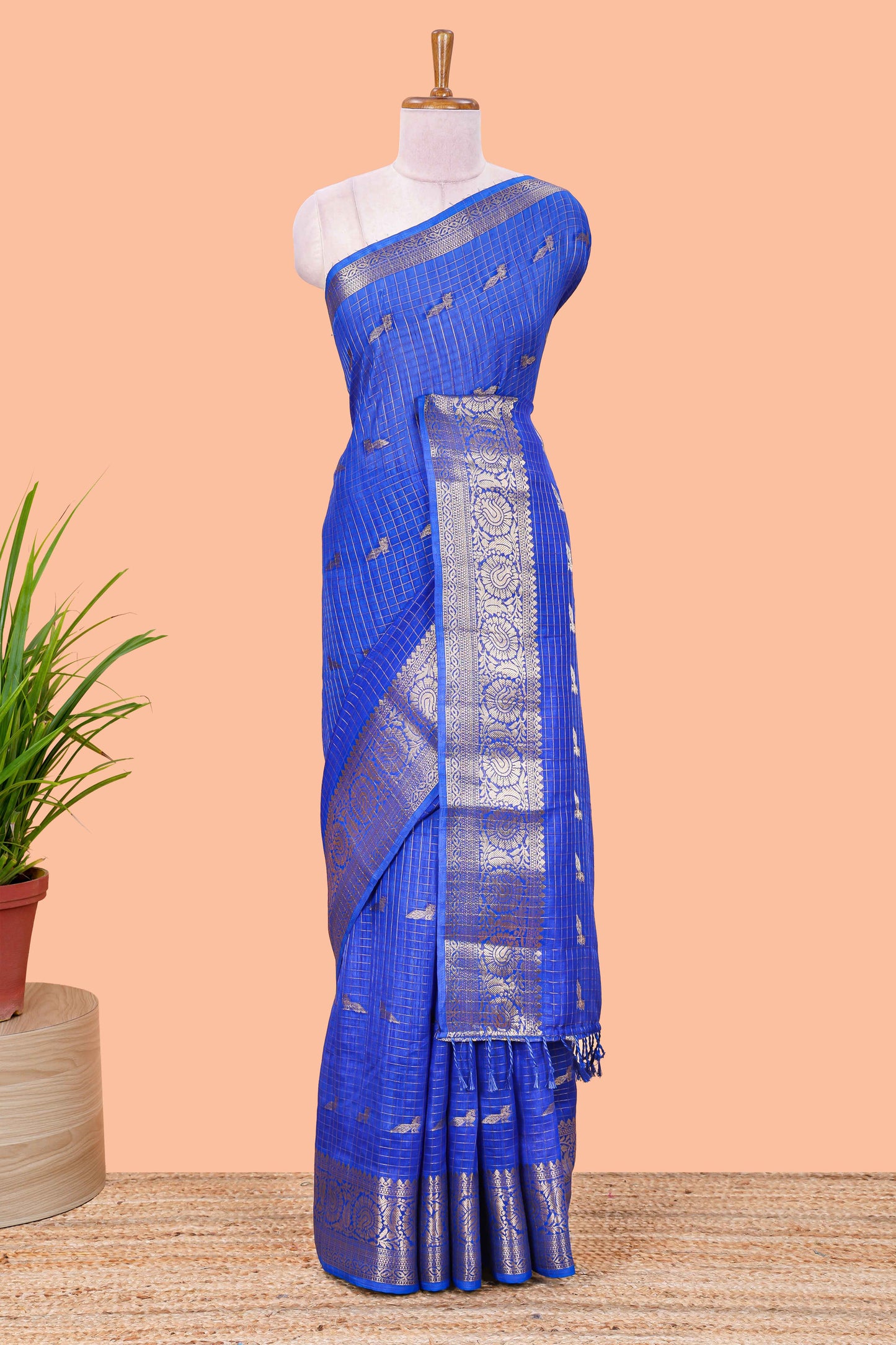 Blue checked peacock zari butta art raw silk saree with zari border and matching blouse