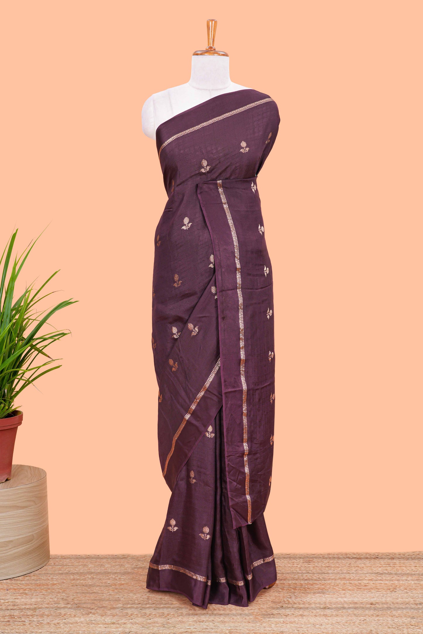 Grape wine khadi silk saree with all over zari butta and self border