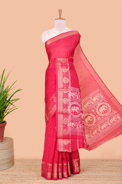Red viscose dola silk saree with all-over zari butta, elephant motif pallu & contrast blouse