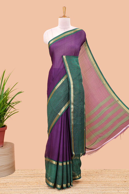 Purple marsh georgette saree with classic contrast zari checked border and striped pallu