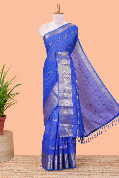 Blue checked peacock zari butta art raw silk saree with zari border and matching blouse